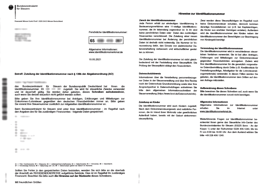 Potwierdzenie nadania Identifikationsnummer (IDnr)