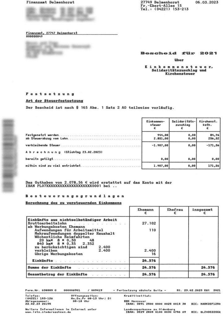 Decyzja podatkowa Bescheid z niemieckiego urzędu Finanzamt