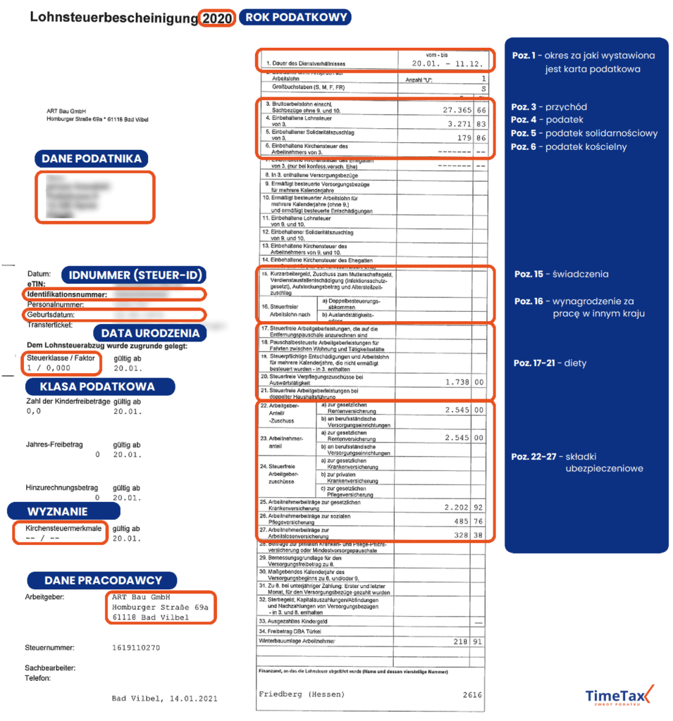 Niemiecka karta podatkowa Lohnsteuerbescheinigung wzór