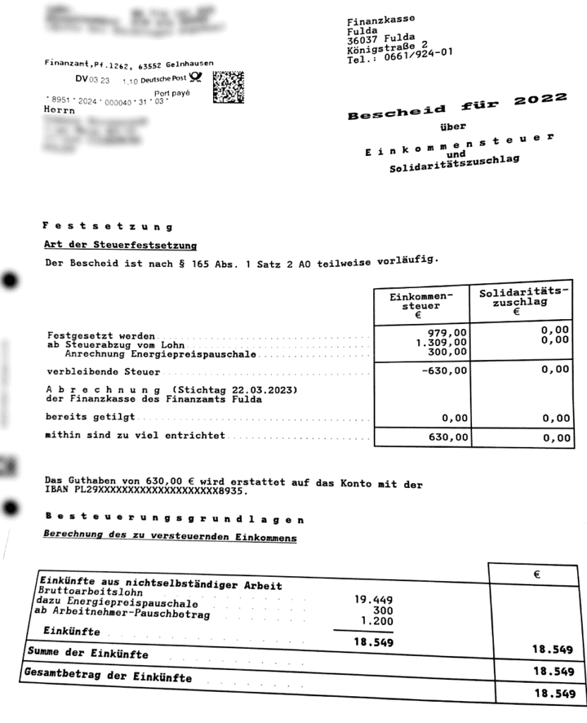 Decyzja Bescheid z uwzględnionym Energiepreispauschale