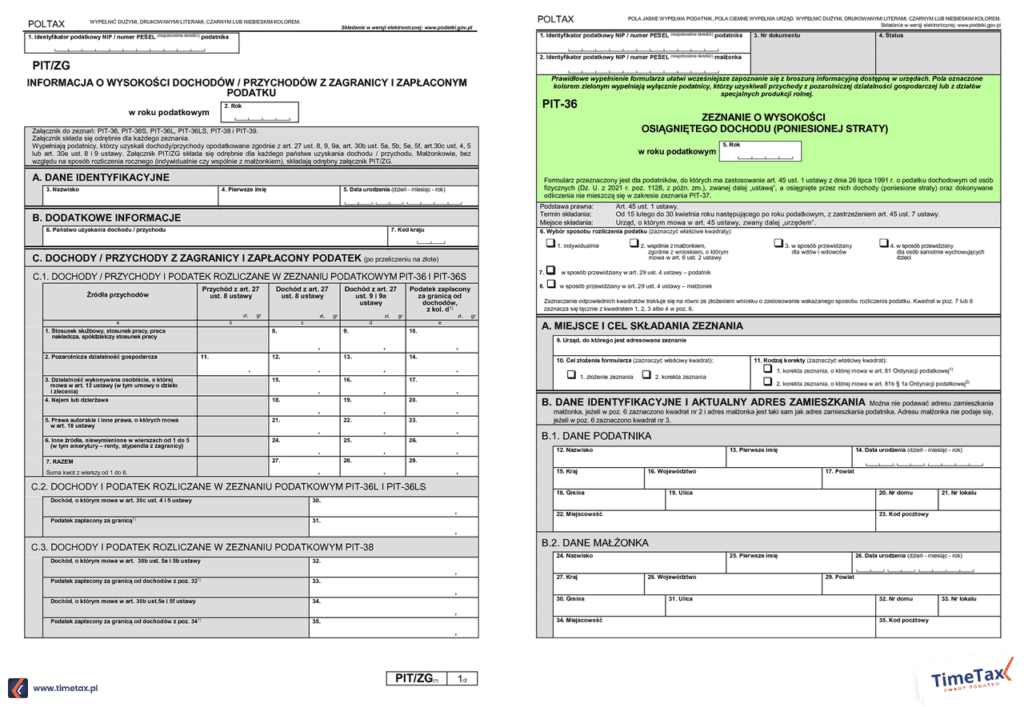 Formularz PIT-36 wraz z załącznikiem PIT/ZG