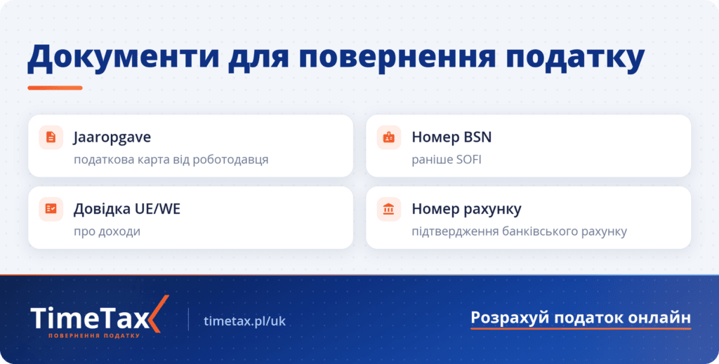 Документи для повернення податку з Нідерландів: jaaropgave, BSN, довідка UE/WE, номер рахунку
