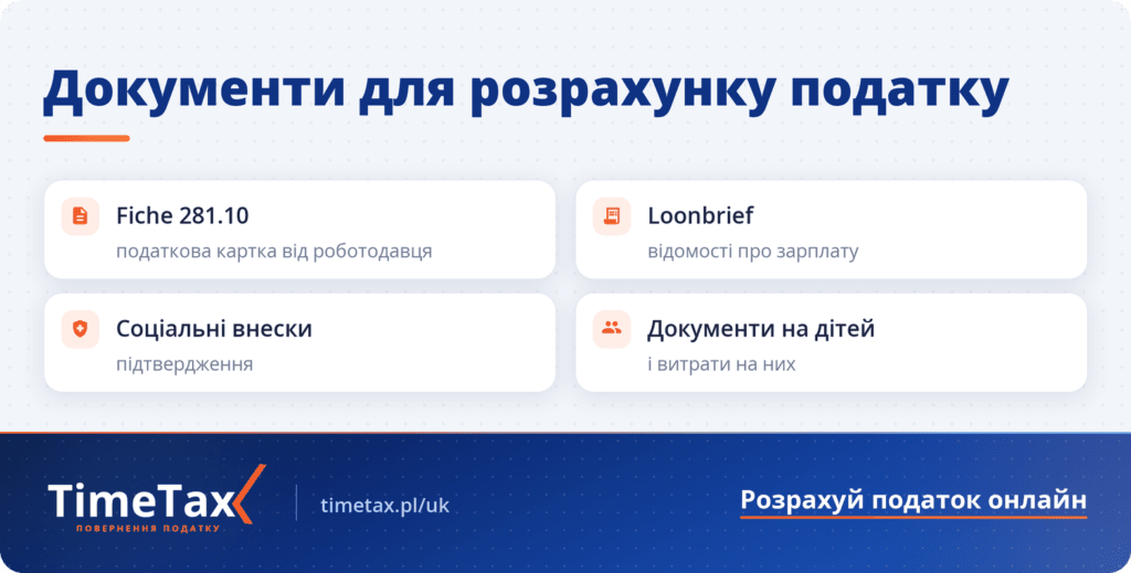 Документи для розрахунку податку в Бельгії — fiche 281.10, Loonbrief, соціальні внески, документи на дітей
