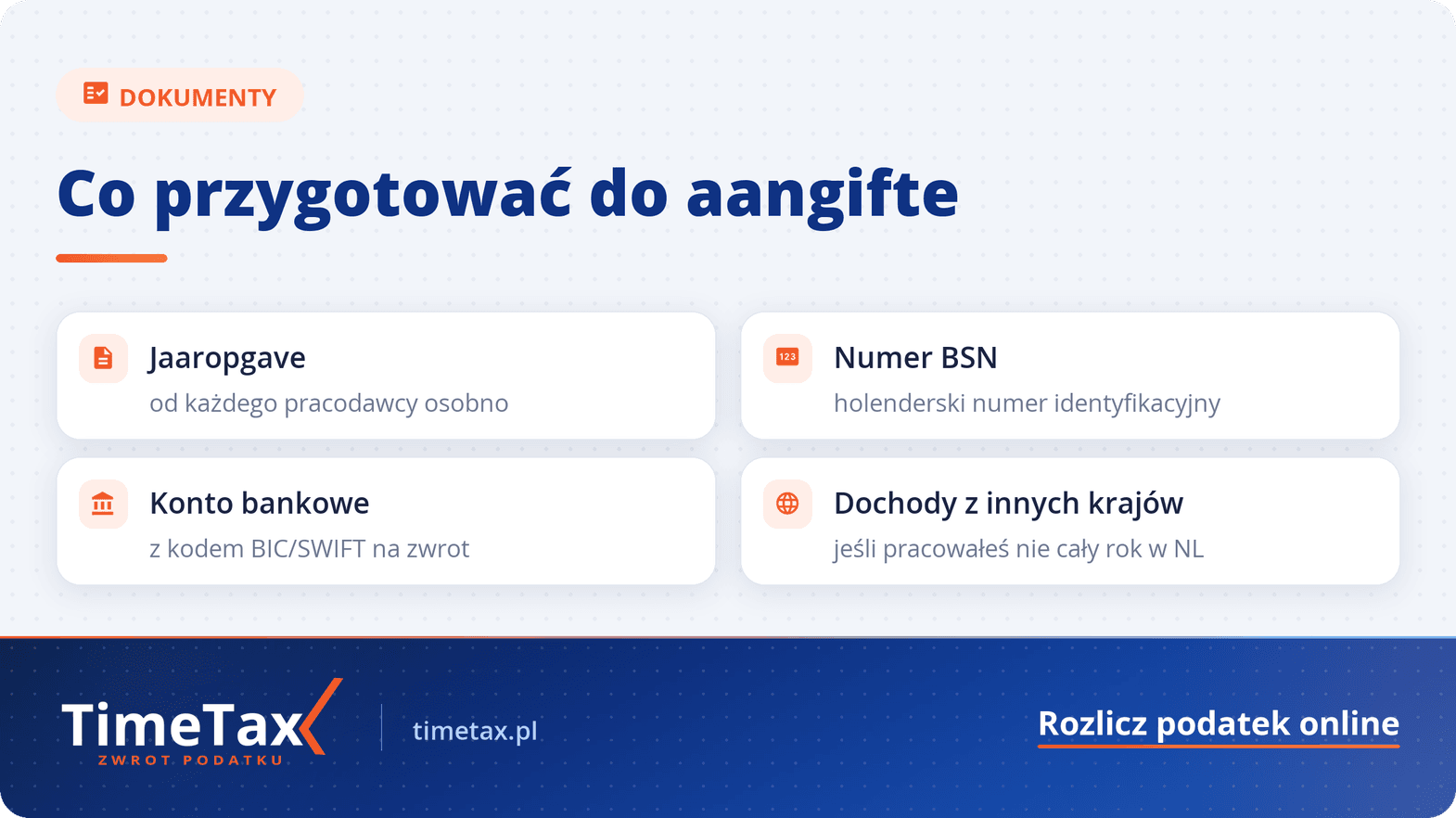 Aangifte, Zwrot Podatku, Belastingdienst. Rozliczenie podatku w Holandii w aplikacji — checklista